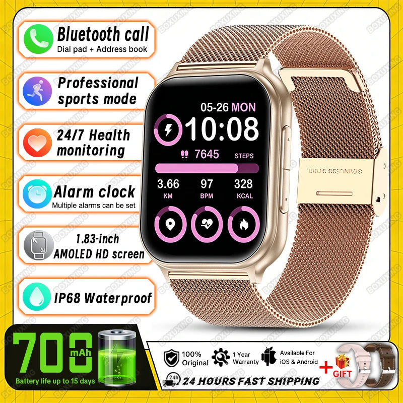 2026 New Smart Watch Men Women Heart Rate 1.83 Inch AMOLED Screen Waterproof Bluetooth Call Sports Smart watches For iOS Android