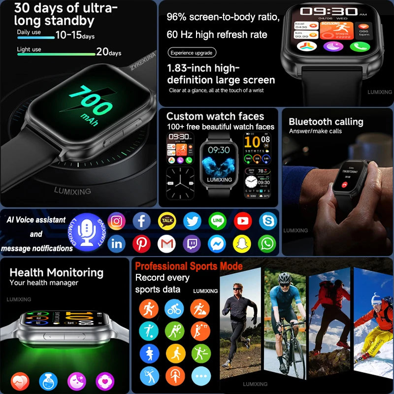 2026 New Smart Watch Men Women Heart Rate 1.83 Inch AMOLED Screen Waterproof Bluetooth Call Sports Smart watches For iOS Android