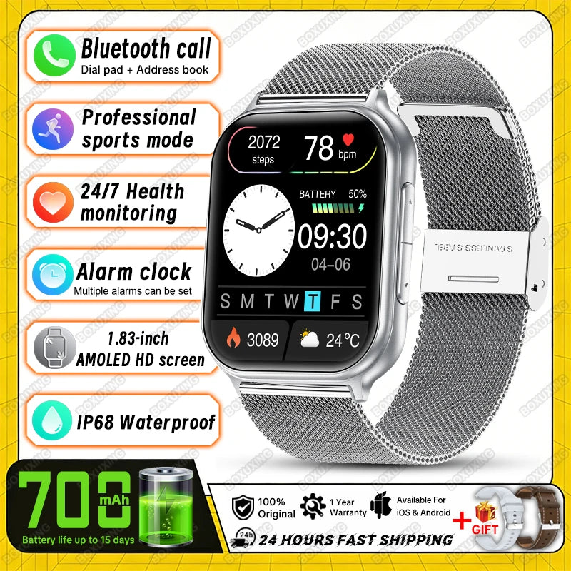 2026 New Smart Watch Men Women Heart Rate 1.83 Inch AMOLED Screen Waterproof Bluetooth Call Sports Smart watches For iOS Android