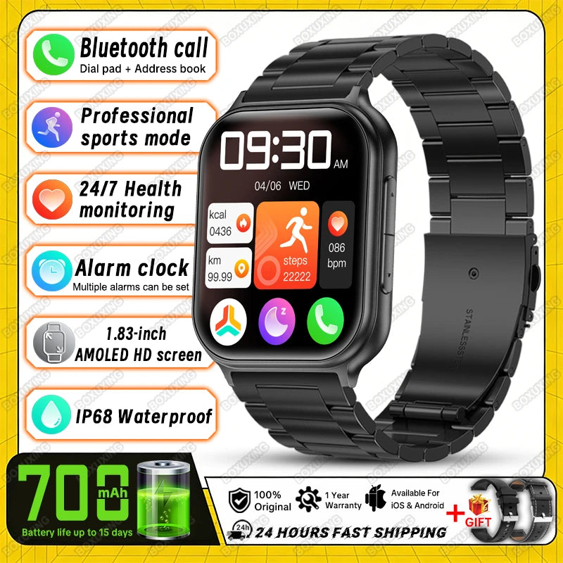 2026 New Smart Watch Men Women Heart Rate 1.83 Inch AMOLED Screen Waterproof Bluetooth Call Sports Smart watches For iOS Android