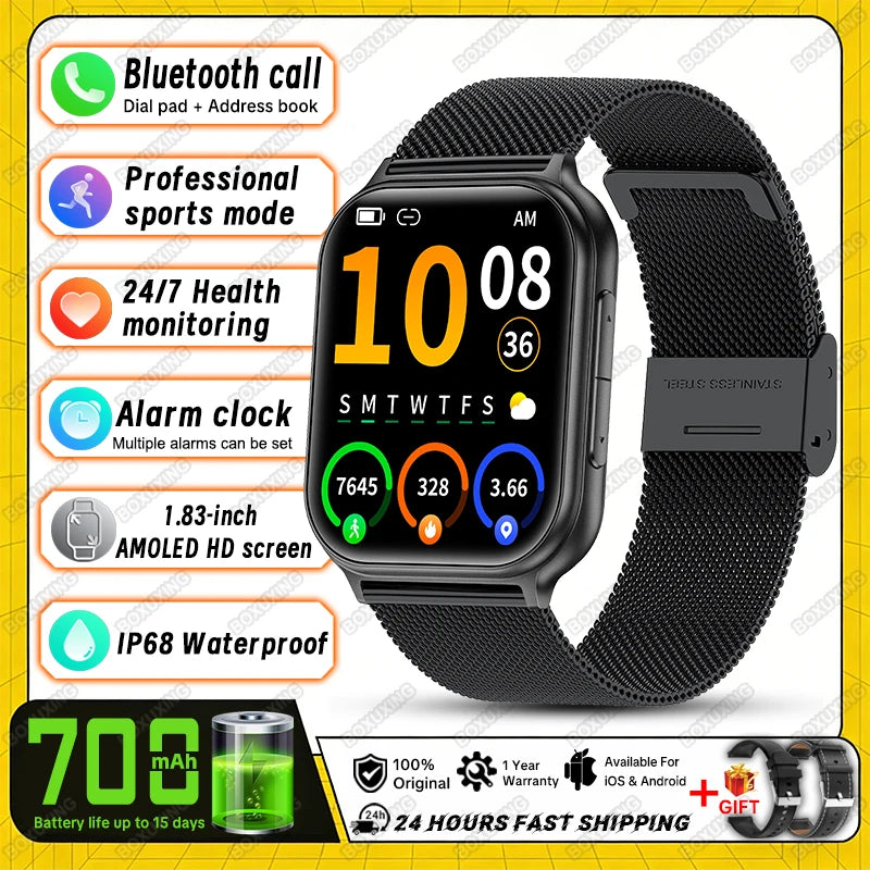2026 New Smart Watch Men Women Heart Rate 1.83 Inch AMOLED Screen Waterproof Bluetooth Call Sports Smart watches For iOS Android