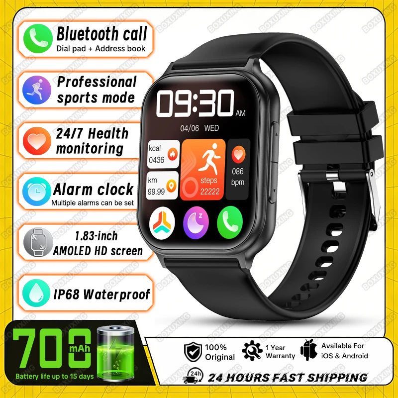 2026 New Smart Watch Men Women Heart Rate 1.83 Inch AMOLED Screen Waterproof Bluetooth Call Sports Smart watches For iOS Android